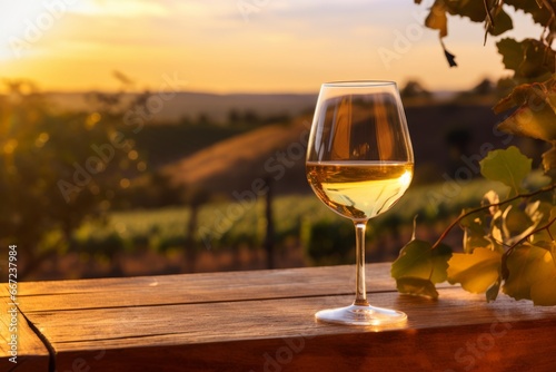 Enjoying a refreshing glass of Semillon wine amidst the tranquility of a beautiful vineyard at sunset