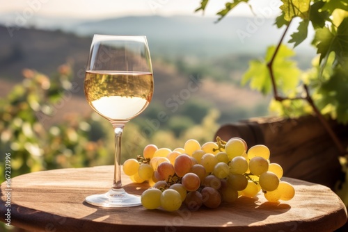 A refreshing glass of Pinot Blanc wine served amidst the tranquility of a beautiful vineyard