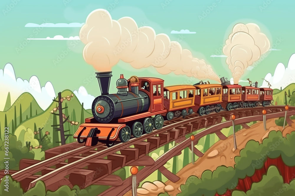Cartoon Illustration Of A Train On A Railway The Locomotive Travels 