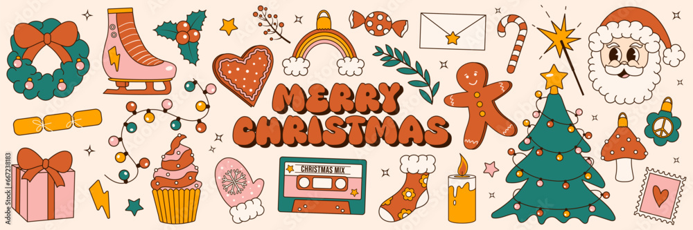Fototapeta premium Merry Christmas. Retro groovy 70s Christmas sticker set. Trendy retro cartoon style elements.