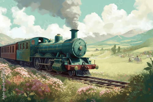 Picture of a train in the wild west. The locomotive travels among fields and flowers. illustration.