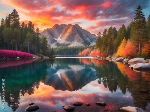 A tranquil lake reflecting the vibrant colors of a sunset, surrounded by pine trees.Generative AI