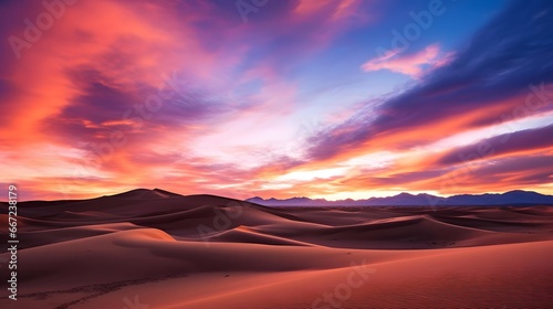 Panoramic view of sand dunes at sunset. Mesquite Flat Sand Dunes  Death Valley National Park  California  USA