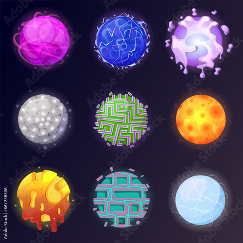 Magical game orbs with glowing neon effect. Magic crystal balls, energy spheres with light effect. Witchcraft glass orbs glowing isolated on dark background