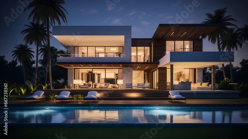 3d rendering of modern cozy house with pool and parking for sale or rent in luxurious style and beautiful landscaping on background. Clear summer night with many stars on the sky. © Iman