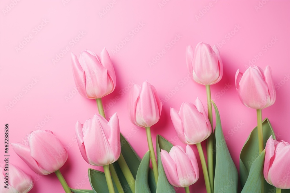 Pink tulips on a pink backdrop. Spring. Generative AI
