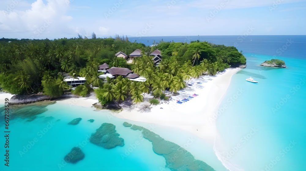 Aerial panoramic view of beautiful tropical island with white sand beach, turquoise ocean and blue sky