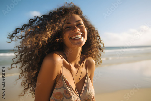 Beauty girl wearing bikini smiling on the beach