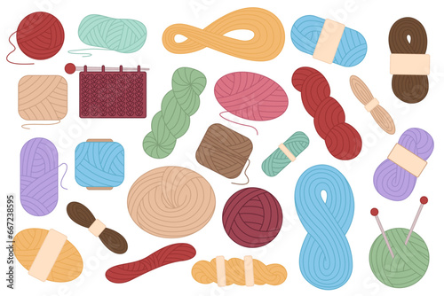 Vector set with wool yarn balls and skeins. Knitting needles. Skein, ball, bobbin. Hobby tools collection.