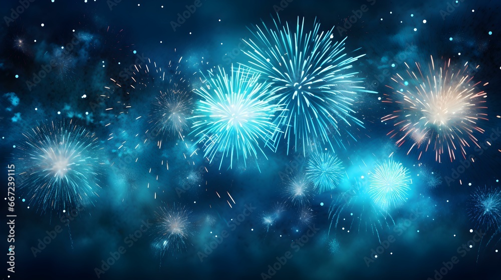Fototapeta premium Background of blue Fireworks. Festive Template for New Year's Eve and Celebrations