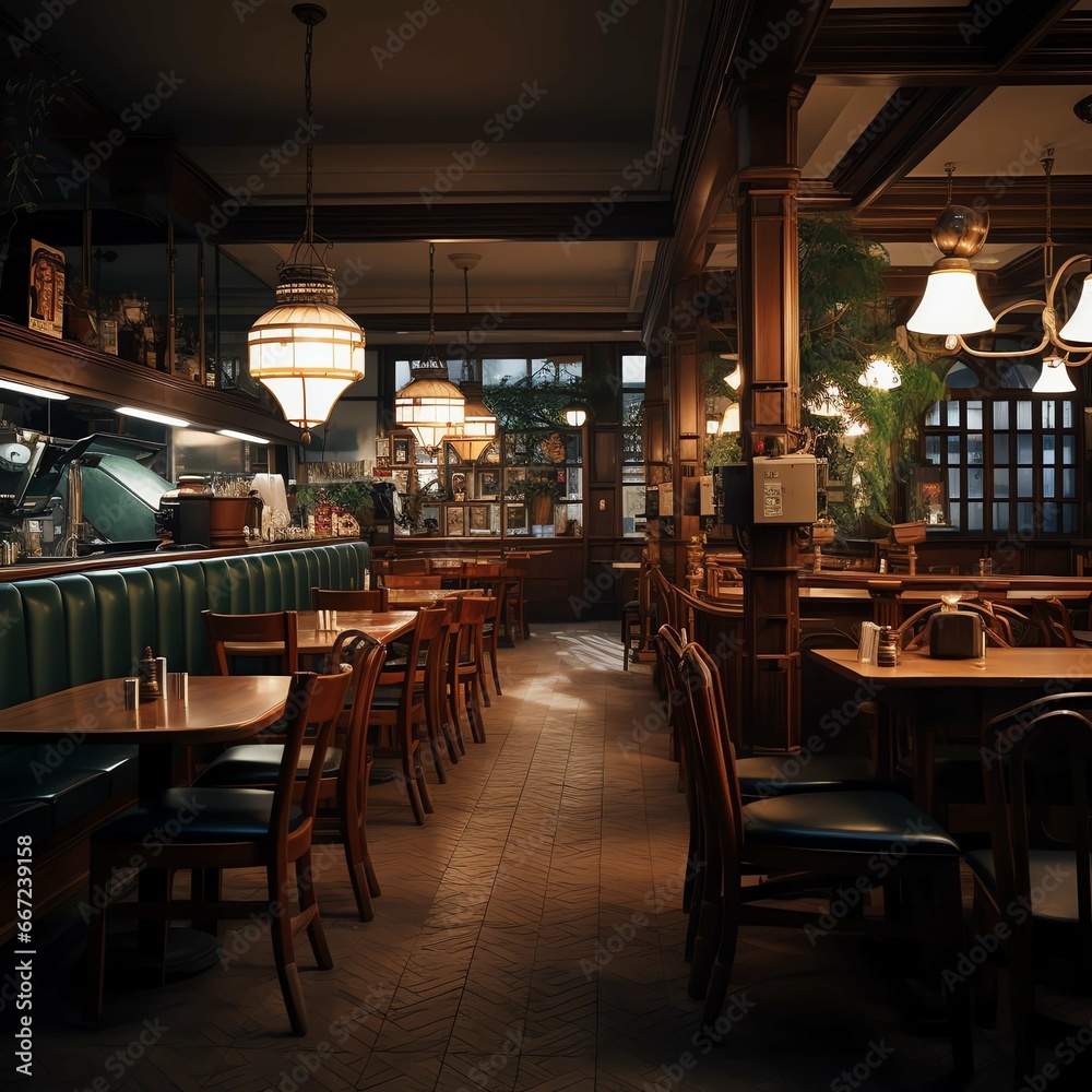 interior of a restaurant in the evening