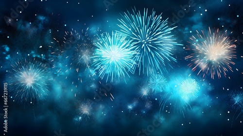 Background of blue Fireworks. Festive Template for New Year's Eve and Celebrations