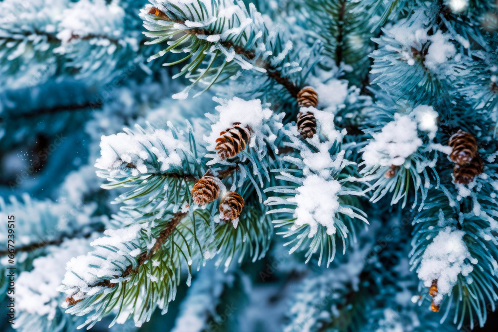Snowy fir tree branches background