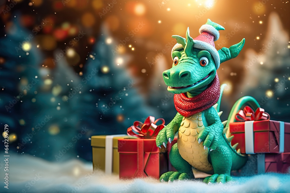 Winter cute green wooden dragon in red christmas hat with gift boxes Winter cute green wooden dragon in red christmas hat with gift boxes