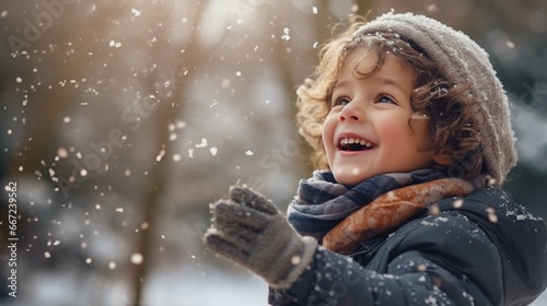 Close up portrait of a little boy playing with snowflakes in a park in winter. Happy child enjoys the first snow in a forest