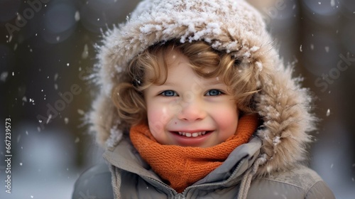 Close up portrait of a little boy playing with snowflakes in a park in winter. 