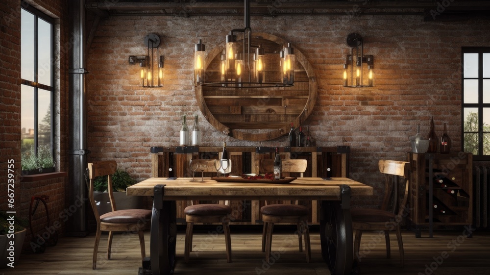 Interior design inspiration of Rustic Industrial style home dining room loveliness decorated with Wood and Metal material and Edison Bulb Chandelier .Generative AI home interior design .