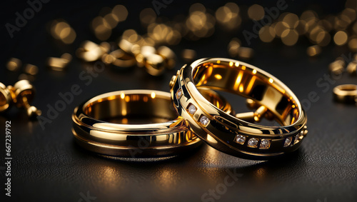 Two gold wedding rings in front of a glamorous background