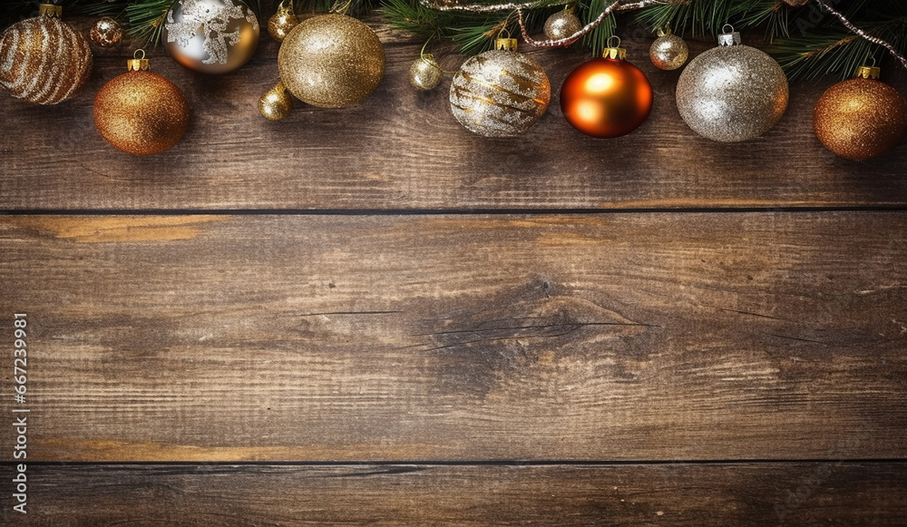 Festive Christmas Decoration on Weathered Grunge Wooden Board - Created with Generative AI Tools Festive Christmas Decoration on Weathered Grunge Wooden Board - Created with Generative AI Tools
