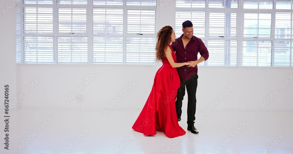 Happy, salsa and couple in dancing studio training together to music for a performance, show or ballroom. Energy, love and dancer woman with partner learning to tango or samba moving with creativity