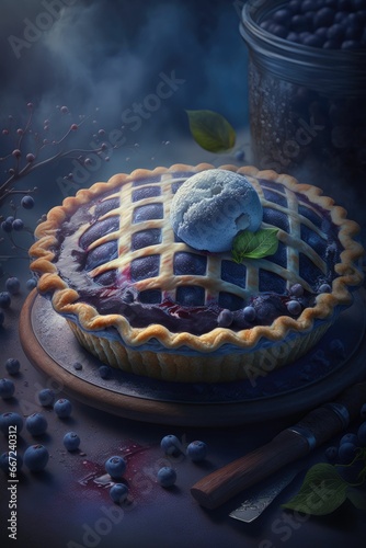 Luxurious homemade blueberry pie slice closeup with blue background.