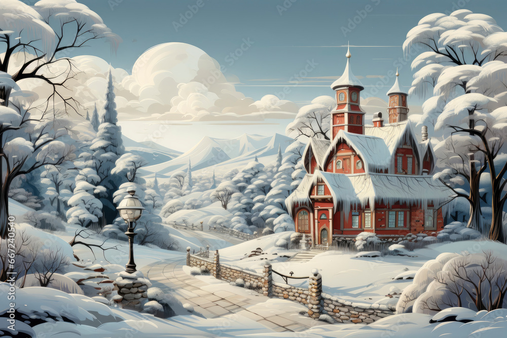 Snowy Winter Landscape with Cottage
