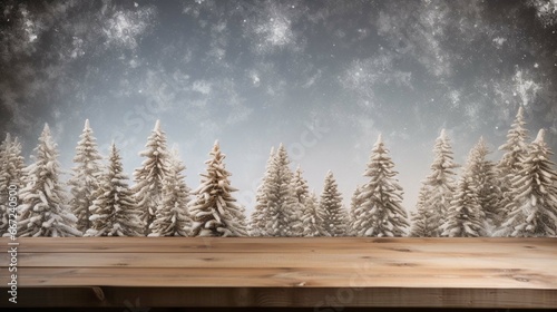 Pine wooden surface with pine tree and snow background for display product charismas theme - © Jasmeen