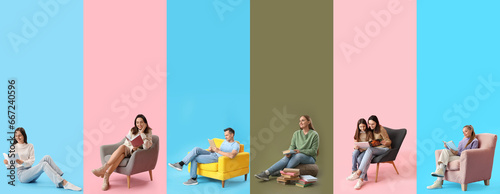 Set of many different people with books on color background