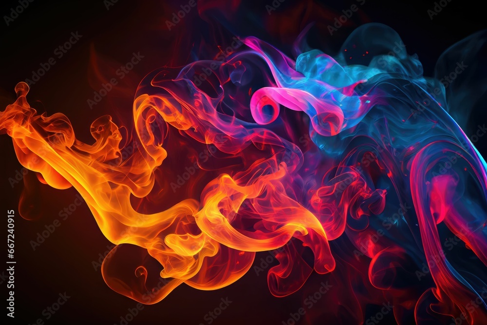 Neon blue and purple multicolored smoke puff cloud design elements on dark background