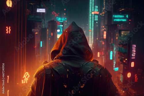 Urban cyberpunk scene with enigmatic cloaked figure in futuristic megacity