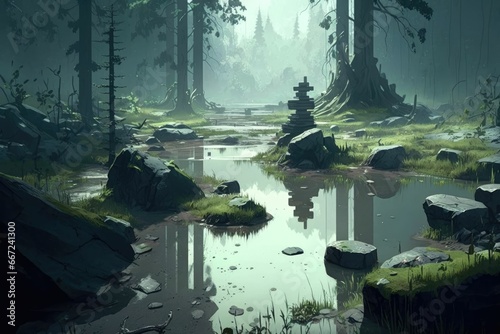 Mystical wetland  serene swamp terrain in natural landscape