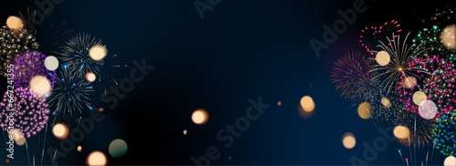Fireworks banner with bokeh. Abstract holidays background. Realistic fireworks border
