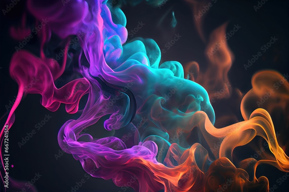 Neon blue and purple multicolored smoke puff cloud design elements on dark background Neon blue and purple multicolored smoke puff cloud design elements on dark background