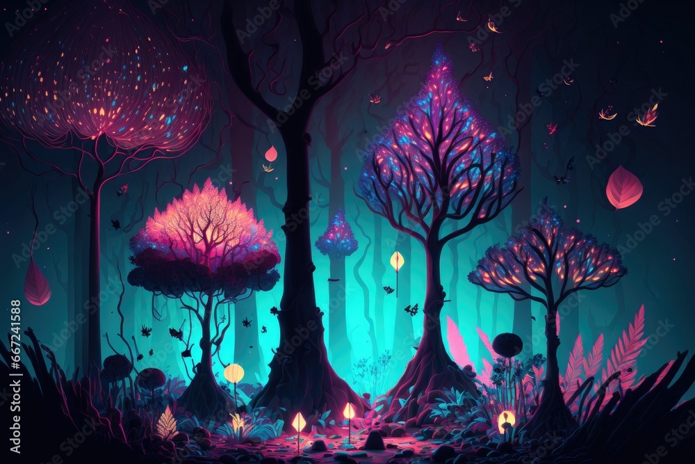 Mystical enchanted forest illuminated by glowing lights in the night ...