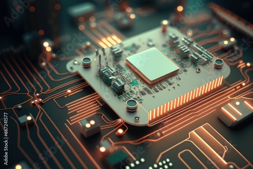 Digital circuit board, futuristic server motherboard, computer hardwarewith glowing light