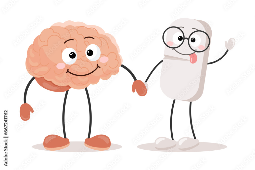 Cartoon kawaii character brain holding hands with medical pill. A cheerful mind gets help with anti-stress medications. Medicine and healthcare. Vector Cartoon kawaii character brain holding hands with medical pill. A cheerful mind gets help with anti-stress medications. Medicine and healthcare. Vector