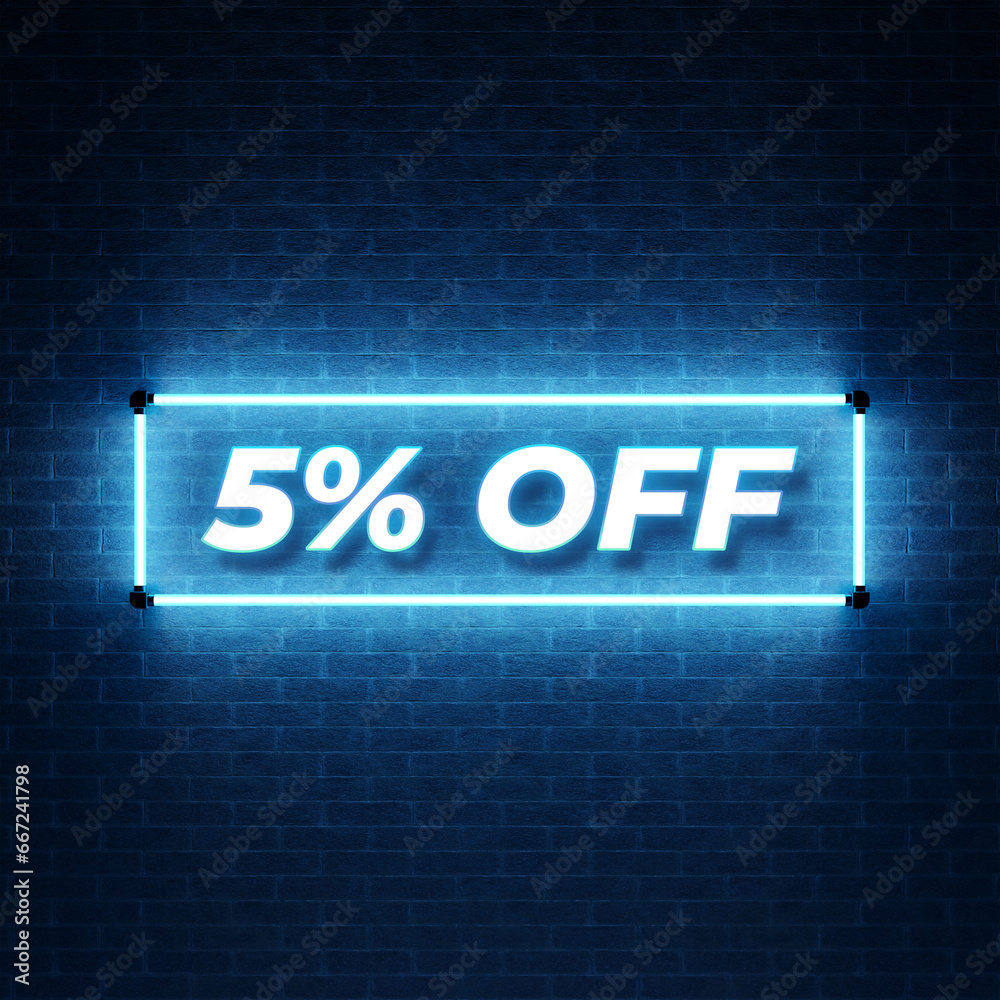5% off sale neon banner. Mega sale, black Friday, neon glow in dark. Neon discount light signs on a dark background. Percent off 3d Sign Background, Special Offer 5% Discount Tag. 3D Rendering