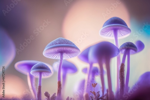 Ethereal pastel purple mushrooms in dreamy abstract blurred natural setting