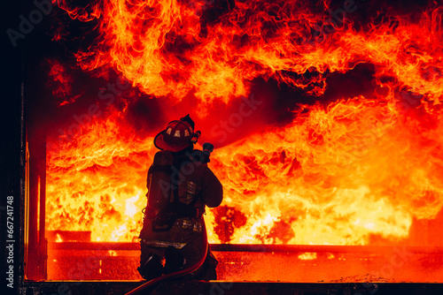 Fearless Firefighters Battling Blaze with Water and Extinguishers. Firefighters in Action, Extinguishing Fire with Teamwork and Courage. Intense Firefighting Training Exercise.