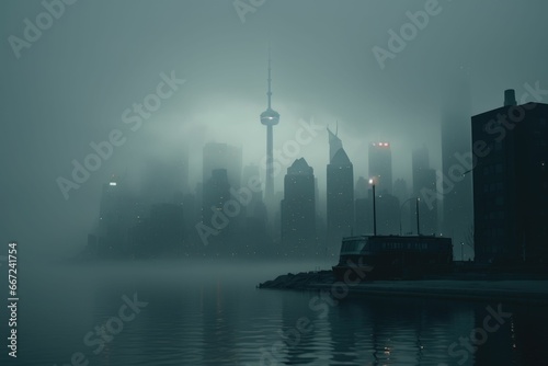Misty morning toronto skyline  lake ontario with fog blanket