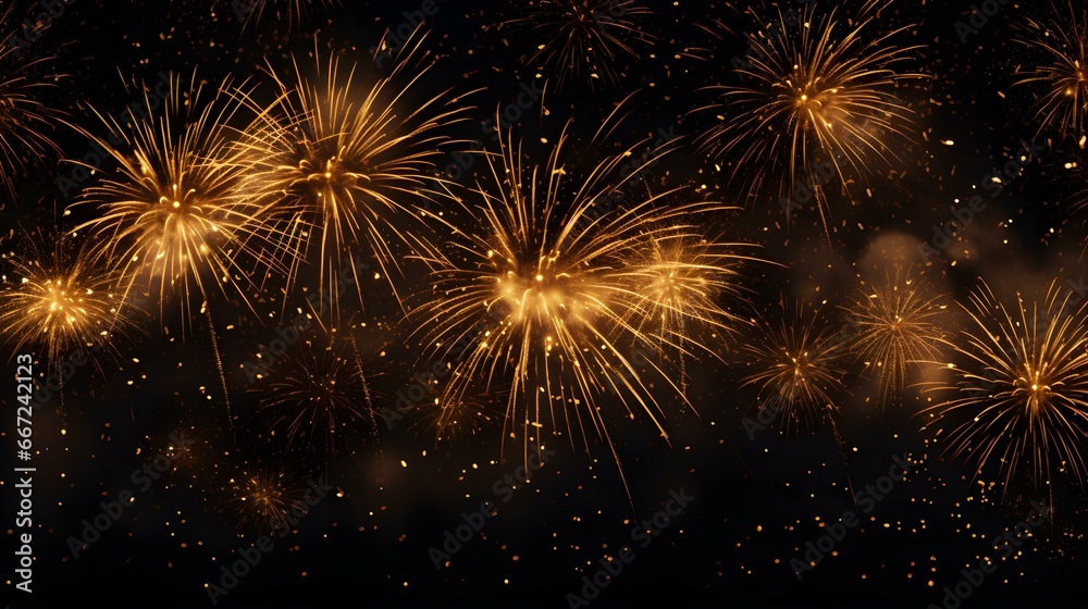 Fototapeta premium Background of dark gold Fireworks. Festive Template for New Year's Eve and Celebrations