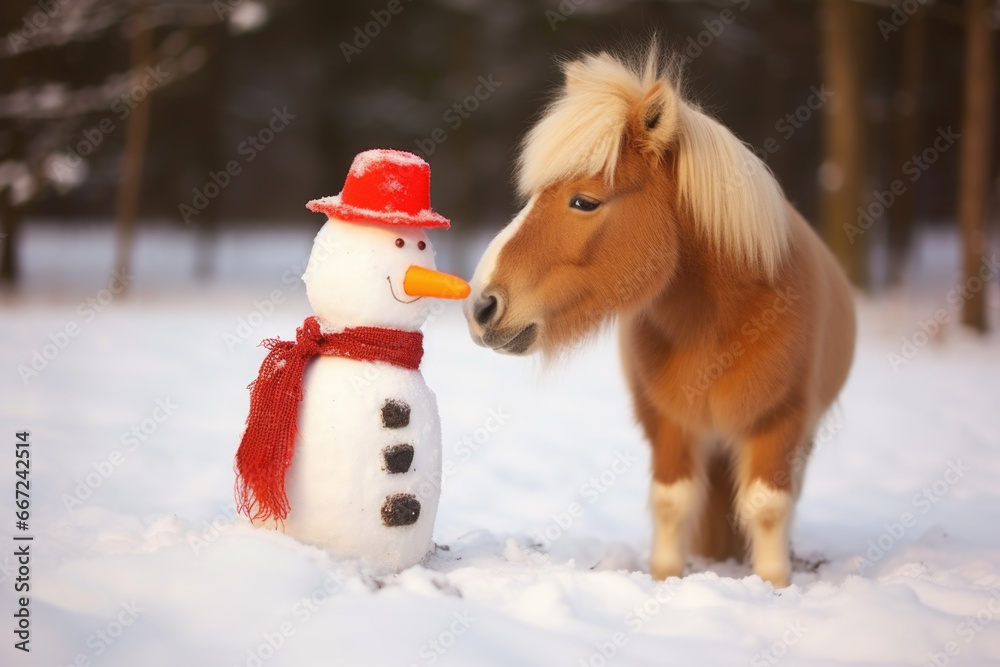 Pony mit Schneeman Pony mit Schneeman