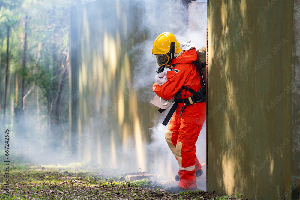 Fototapeta premium Firefighter in Action, Protecting People from Fire and Smoke. Fearless Firefighter Rescues Girl from Raging Fire and Smoke. Brave Firefighters Save Lives in Danger.