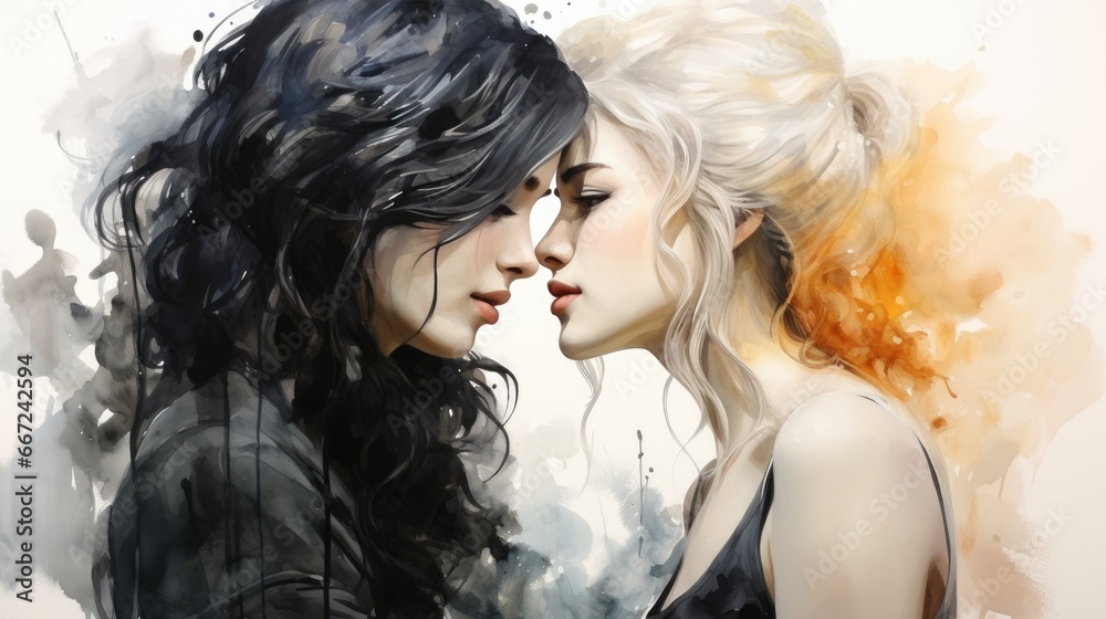 Fototapeta premium Watercolor drawing of two women blonde and brunette 