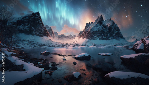 Beautiful Aurora Borealis Northern Lights in Iceland Mountains Landscape Illustration © GloriaSanchez