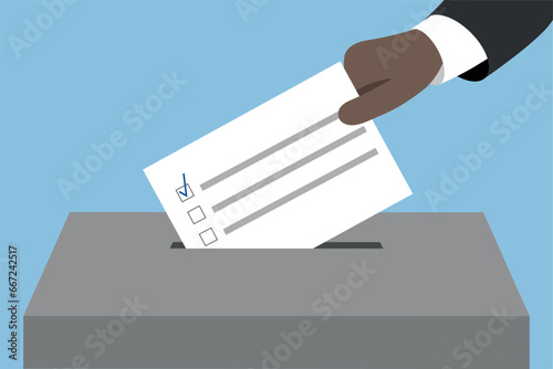 The hand of a dark-skinned man puts a ballot paper with the voting result into the ballot box, flat vector, minimalism, blue background