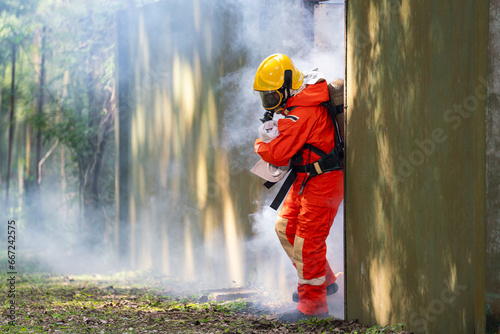 Firefighter in Action, Protecting People from Fire and Smoke. Fearless Firefighter Rescues Girl from Raging Fire and Smoke. Brave Firefighters Save Lives in Danger.