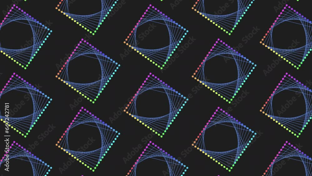 Vibrant, multi colored lines and geometric shapes form a captivating pattern against a black backdrop. Visual harmony and dynamic movement characterize this mesmerizing image