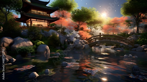 Japanese temple in the night. Digital art painting. 3d rendering