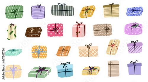 Gift box cartoon set icon. Christmas gifts, New Year presents. Holiday presents wrapped in festive paper wrapping, decorated with ribbon bows, strings and twines.